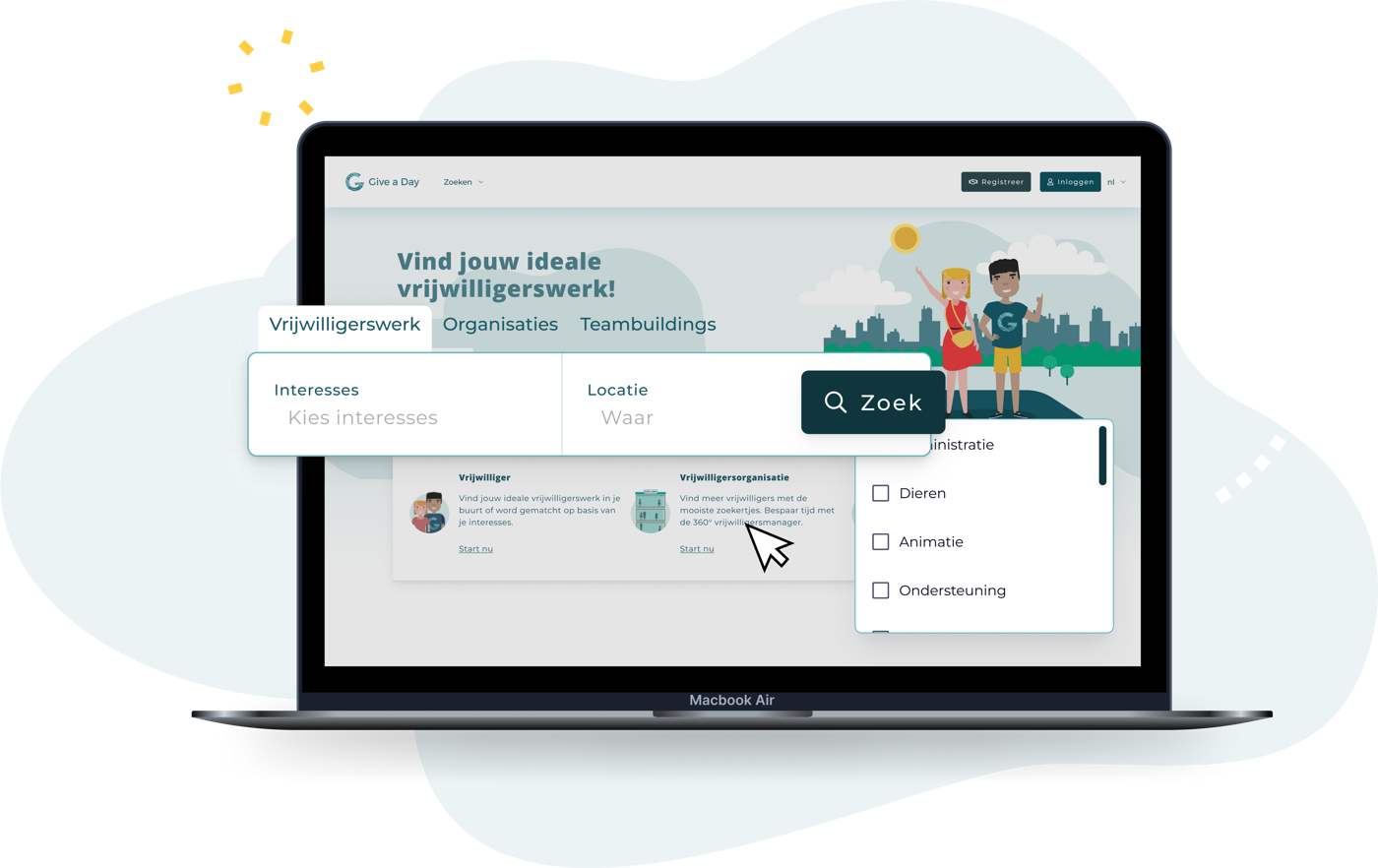 Het Give a Day corporate vrijwilligersplatform op een laptop